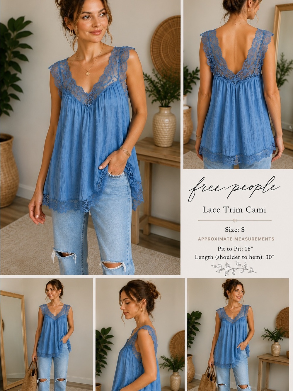 Free People NWT Blue Lace Trim Boho Babydoll Cami Tank Top Size Small